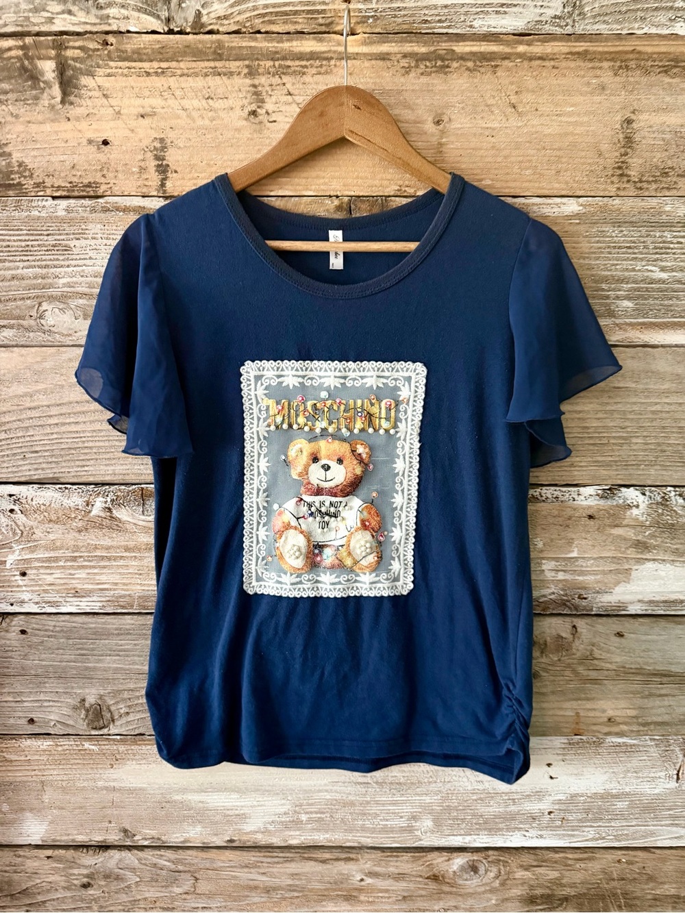 HANABEE MOSCHINO INSPIRED TEDDY EMBELLISHED TOP SHEER SLEEVE